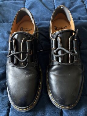 Dr. Martens Black Leather Derby Shoes with Yellow Stitching